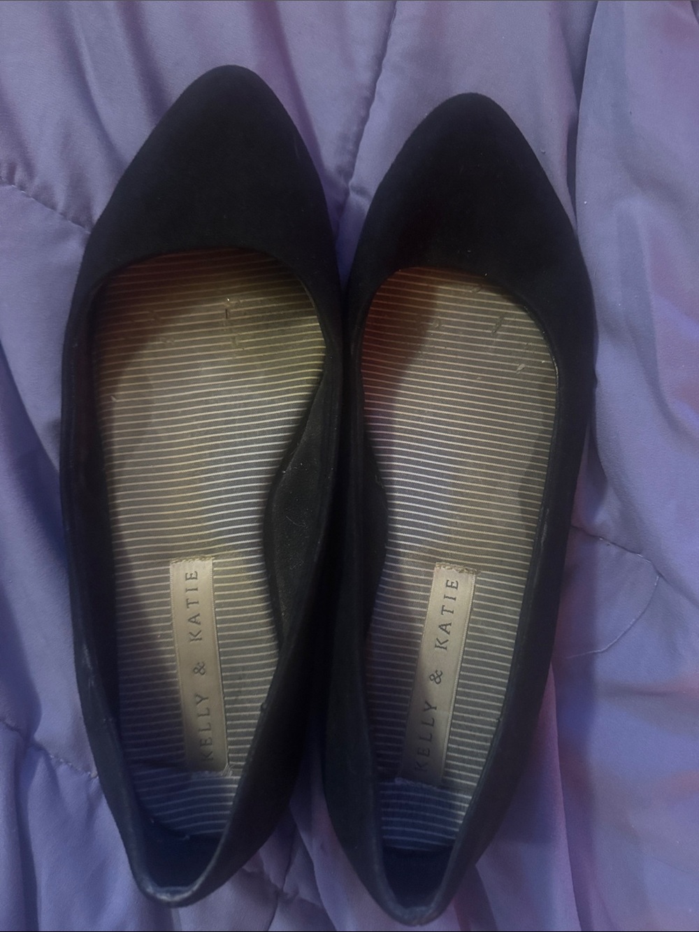 Kelly & Katie Black Pointed-Toe Flats with Striped Insole